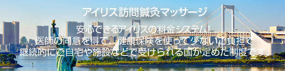 アイリス訪問鍼灸マッサージ。安心できるアイリスの料金システム！医師の同意を得て、健康保険を使って少ないご負担で継続的にご自宅や施設などで受けられる国が定めた制度です。